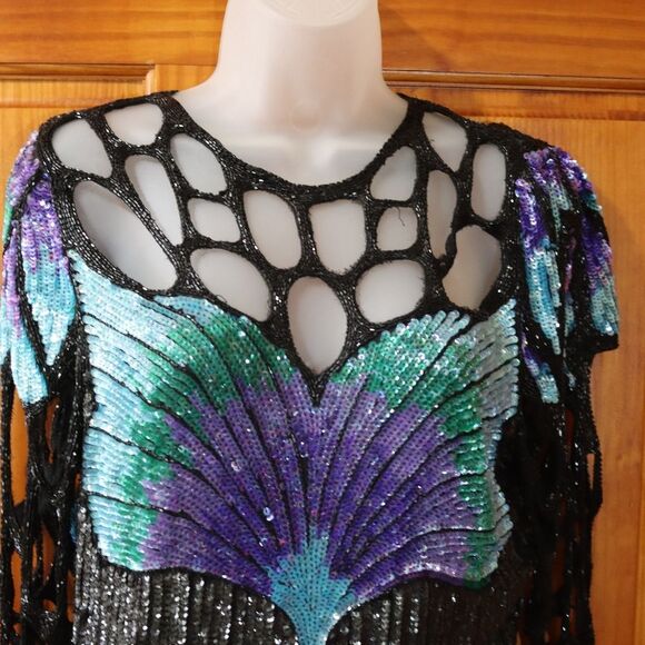 Vintage 80s Silk Sequin Peacock Butterfly Evening Gown Maxi Dress - Picture 2 of 16